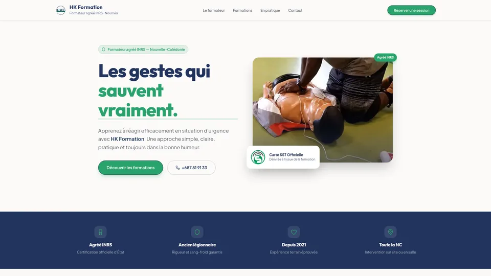 Page d'accueil du site HK Formation présentant les formations SST et les accès au contact